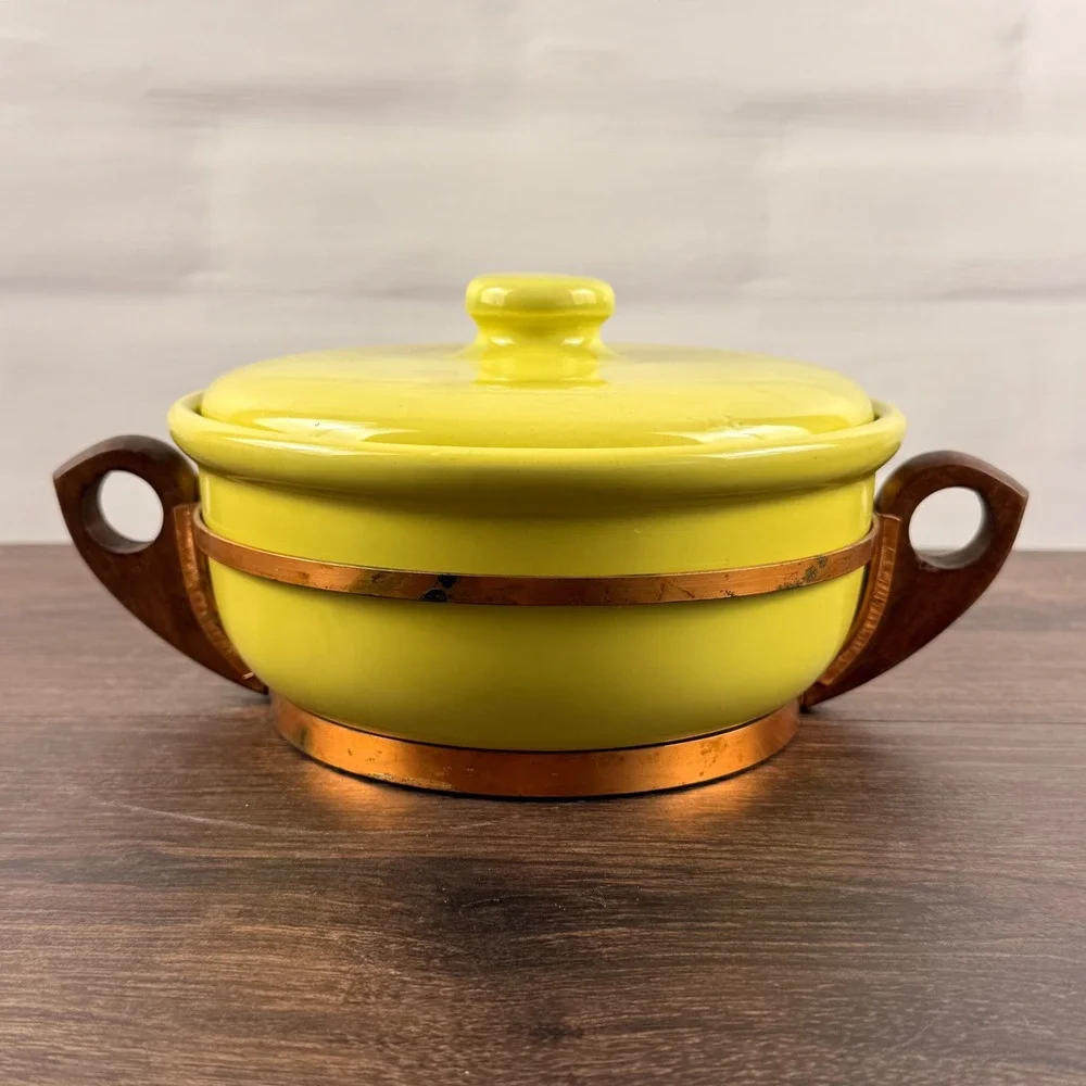 Bauer Pottery Chartreuse Casserole Lid Copper Wood Stand California